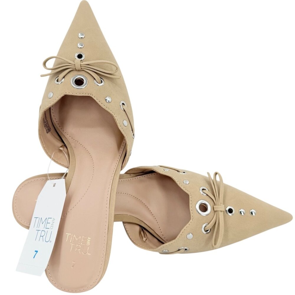Time and Tru Women's Studded Kitten Heel Tan Mules Shoes Size 10 NWOB‎